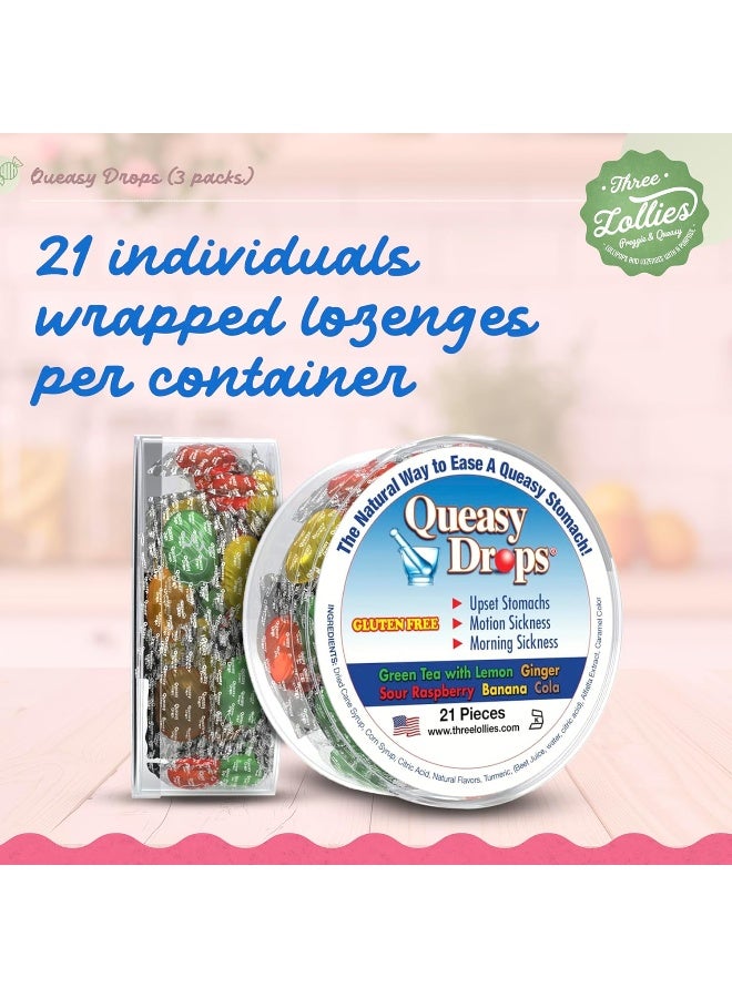 Three Lollies Queasy Drops | 3 Pack: 21 Drops Each | Nausea Relief (Chemo, Motion Sickness, Hangover etc.) | Drug Free & Gluten Free | Five Flavors: Green Tea with Lemon, Ginger, Raspberry, Banana & Cola - Image 5